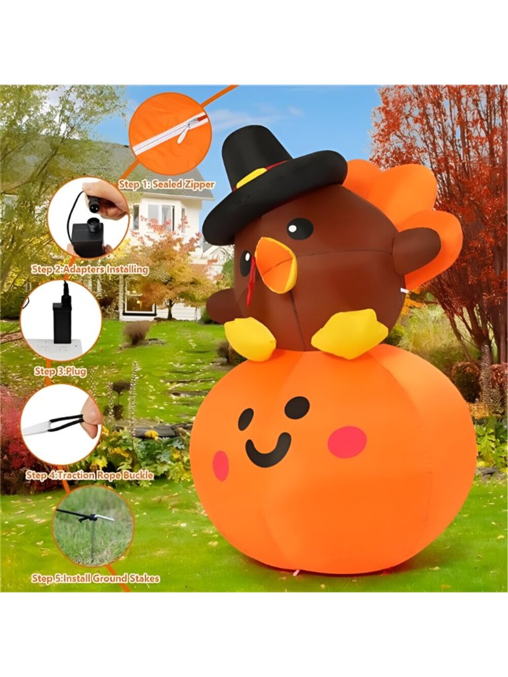 5FT Tall Thanksgiving Inflatables Turkey Baby on Pumpkin with Built-in - Picture 4 of 7
